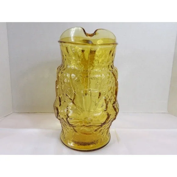 Vtg MCM Anchor Hocking Rain Flower Amber Glass Crinkle Pitcher Retro 10” 72 Oz - Picture 7 of 8